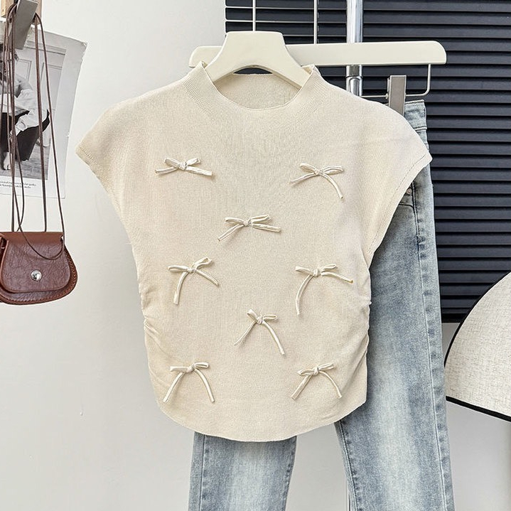 Áo len chất dệt kim, tay nhí đính ruy băng nơ mềm mịn, độ co giãn nhiều, freesize dưới 60kg - 55Kg.Linh