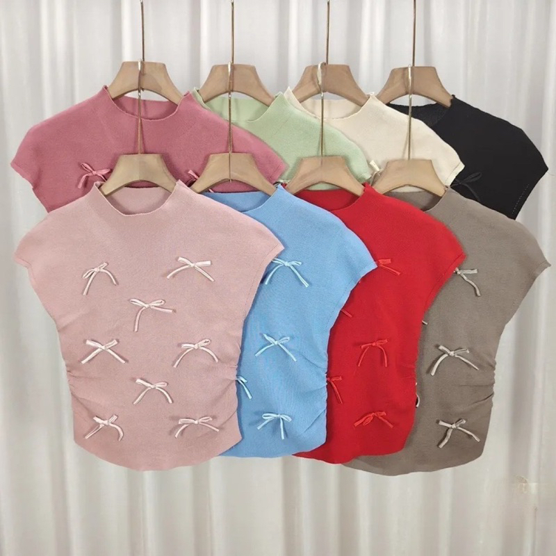 Áo len chất dệt kim, tay nhí đính ruy băng nơ mềm mịn, độ co giãn nhiều, freesize dưới 60kg - 55Kg.Linh