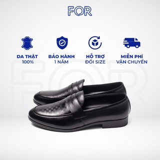 Giày nam FOR cao cấp da bò dập vân đen chống nhăn chính hãng bảo hành 12 tháng PLF16