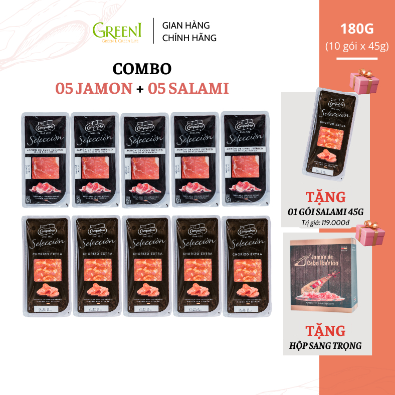 Combo 10 gói (05 gói Jamon Thịt Lợn Ủ Muối + 05 gói Salami Xúc Xích Cay Iberico) cắt lát 450g