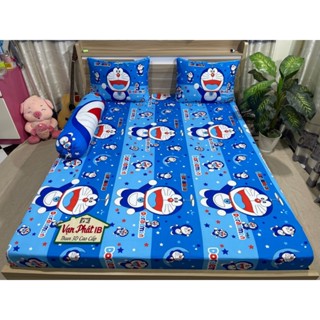 Bộ ga thun - Bộ ga thun lạnh in hình DDorremon sọc 2 màu mới