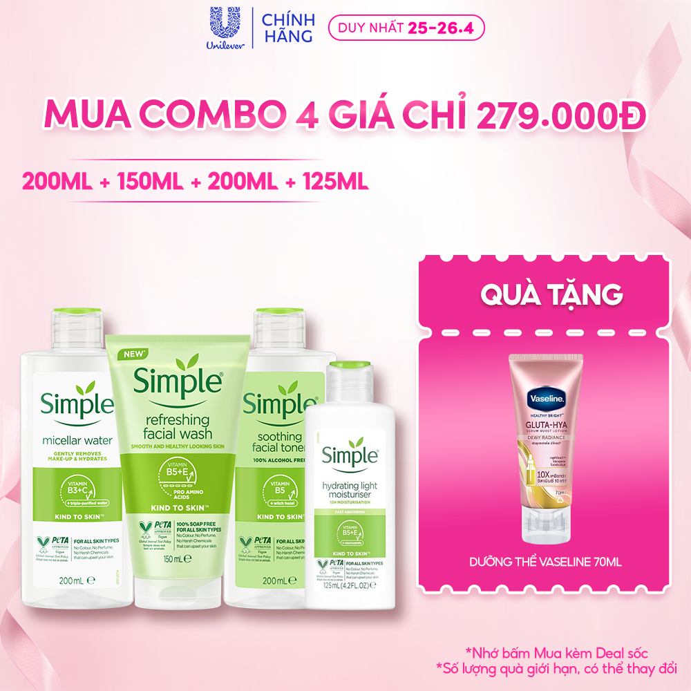 Combo Simple Nước tẩy trang 200ml + Sữa rửa mặt 150ml + Nước hoa hồng 200ml + Sữa dưỡng dạng sữa 125ml