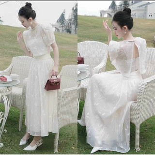 Maxxi Váy xoè tiệc sang chảnh, 3 món thời trang hiện đại cô dâu mới chất tơ thêu hoa xinh xắn