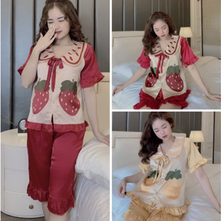Bộ ngủ lụa pijama ngắn lụa hình dâu tiểu thư áo cộc quần đùi
