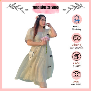 Đầm nữ Bigsize Babydoll tiểu thư tay phồng dáng xòe cổ vuông đính nơ dáng dài xinh xắn 55-90kg Yung bigsize