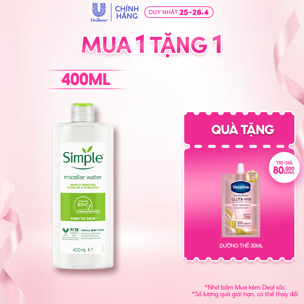 Nước tẩy trang Simple Micellar làm sạch 99% trang điểm, cho da thoáng mịn tức thì 400ml [CHAI LỚN TIẾT KIỆM 111K]