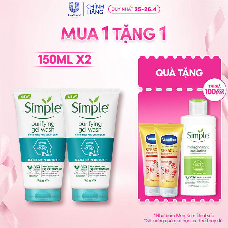 Combo 2 Sữa rửa mặt Simple giúp kiềm dầu và ngừa mụn hiệu quả - cho da dầu mụn 150ml/chai [CHÍNH HÃNG ĐỘC QUYỀN]