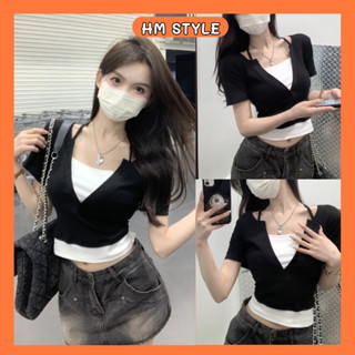 Áo thun croptop nữ ôm tay ngắn cổ V cải màu, áo croptop kiểu 2 lớp sang chảnh chất thun cotton bozip HA206