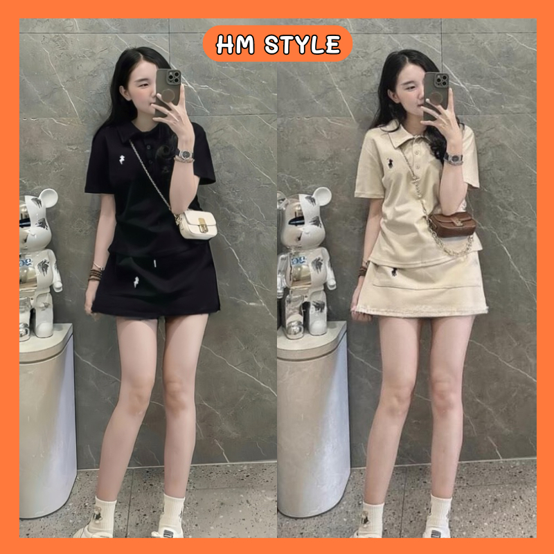 Sét nỉ áo polo cổ đức + Chân váy chữ A, set bộ đồ nữ thêu ngựa phong cách thể thao chất nỉ mì HB261