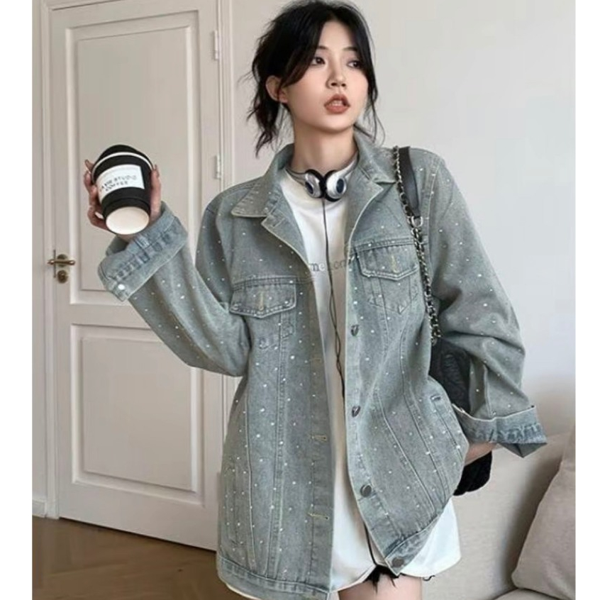 Áo khoác ngoài, áo khoác denim họa tiết quanh áo phong cách cổ điển hàn quốc