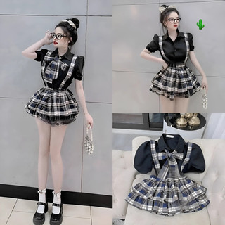 Set sơ mi yếm caro tầng