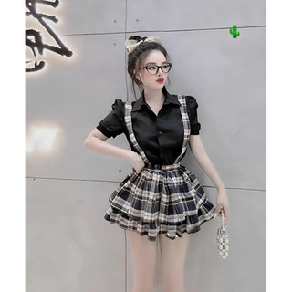 Set sơ mi yếm caro tầng