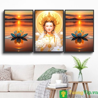 Tranh laminate tráng gương - tranh treo tường trang trí phòng khách, phòng thờ phật giáo và hoa sen bộ 3 tấm
