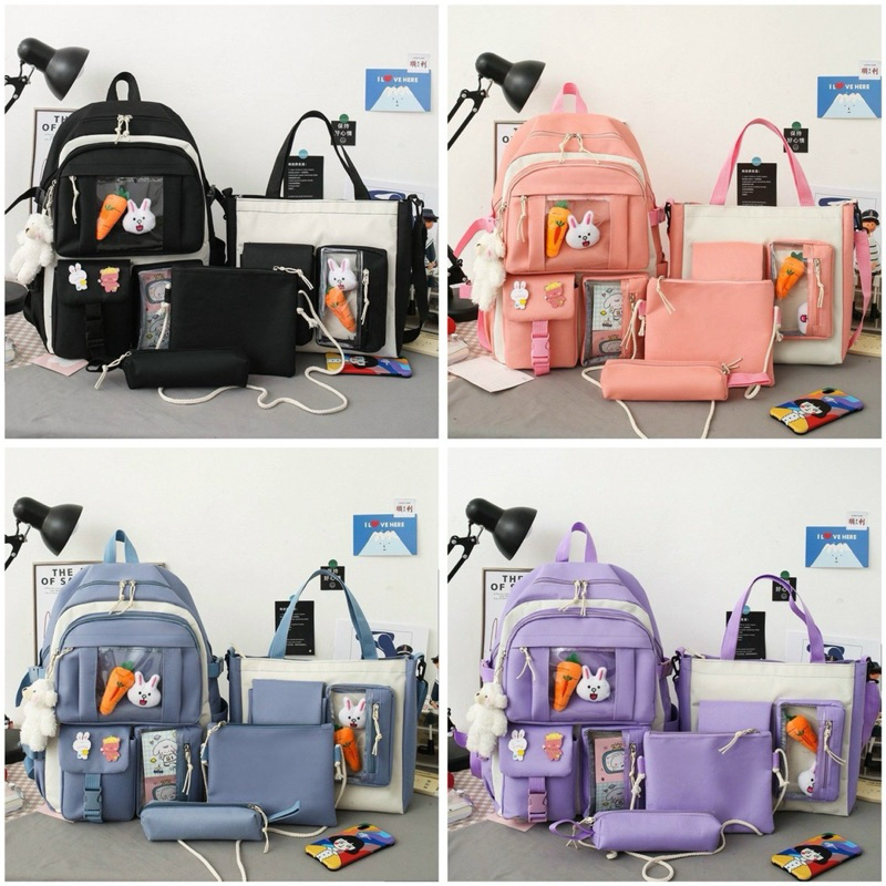 Bộ Balo 5 Món Phối Meca Trong Suốt- Balo Lớn Đựng Vừa a4-  Túi Tole Đeo Vai Chất Pvc