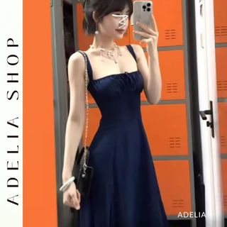 「ADELIA」Đầm 2 Dây Dáng Dài Cổ Vuông Dáng Xòe Màu Xanh Than Tiểu Thư DH575