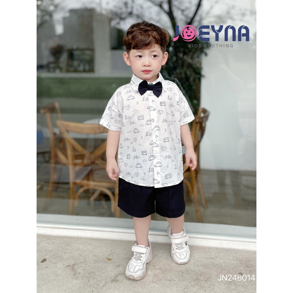 Bộ sơ mi bé trai, set sơ mi ô tô kèm nơ Joeyna bé trai, họa tiết san hô hình thú đáng yêu bé mặc đi 