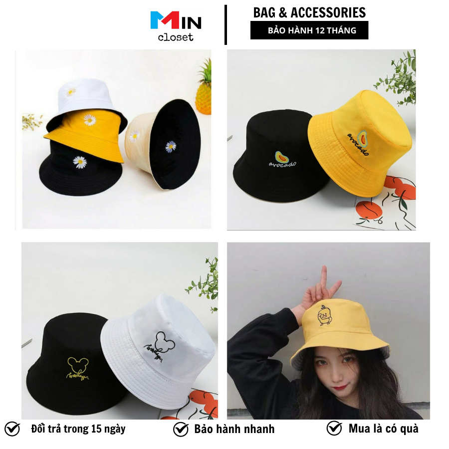 Mũ Bucket Nữ, Mũ Vành Tròn Thêu 2 Mặt Phong Cách Ulzang Unisex Mincloset