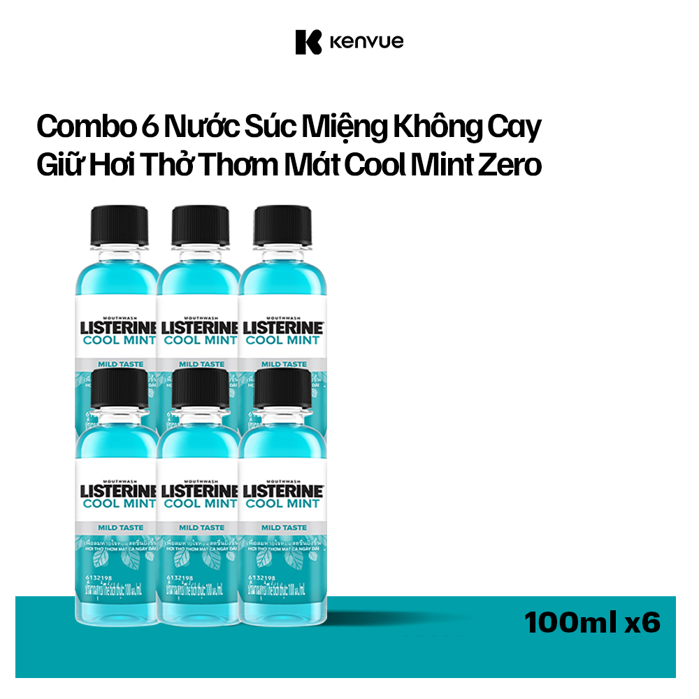 Bộ 6 Chai Nước Súc Miệng Giữ Hơi Thở Thơm Mát Không Cay Listerine Cool Mint Zero Alcohol - Dung tích 100ml/chai