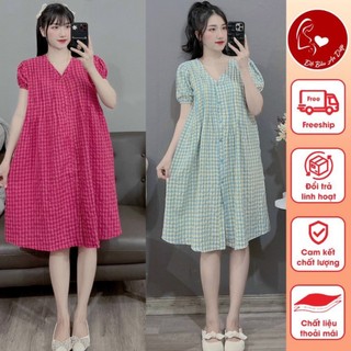 Đầm Bầu Chất Đũi Caro Tay Ngắn Dáng Suông Xòe, Thiết Kế Cổ Tròn Freesize(45-70kg)