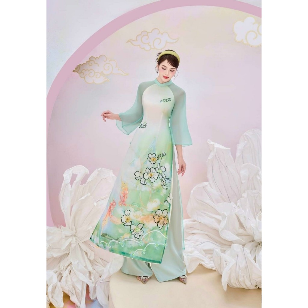 Áo dài cách tân nữ hồng phấn cổ nơ tay bồng chất liệu tơ organza đính kết cao cấp - Áo dài Ánh Nguyệt - AN18