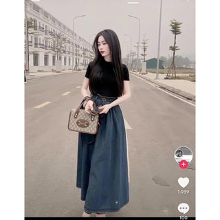 Set áo pull tăm lạnh chân váy jean kèm nịt