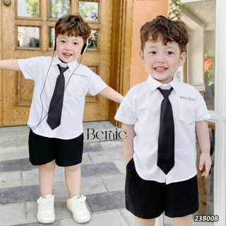 Bộ sơmi cộc tay bé trai từ 8-22kg BERNIE - Bộ đi học áo sơ mi quần đùi sooc kèm cavat phong cách Hàn Quốc cho bé- 23B008