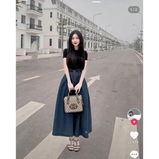Set áo pull tăm lạnh chân váy jean kèm nịt