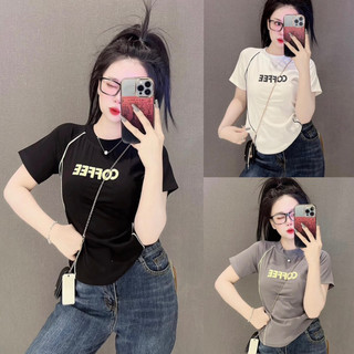 Áo thun nữ cổ tròn tay nhắn phom babytee ôm body phối chữ  ( COFFEE )