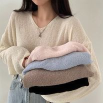 Áo len Basic dệt kim mỏng cổ chữ V dài tay dáng lửng