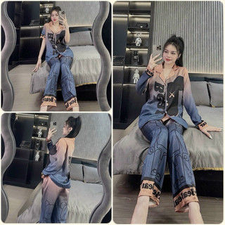 Đồ bộ Pyjama nữ thiết kế in 5D Gấu loang 2 màu lụa xước Sam cao cấp