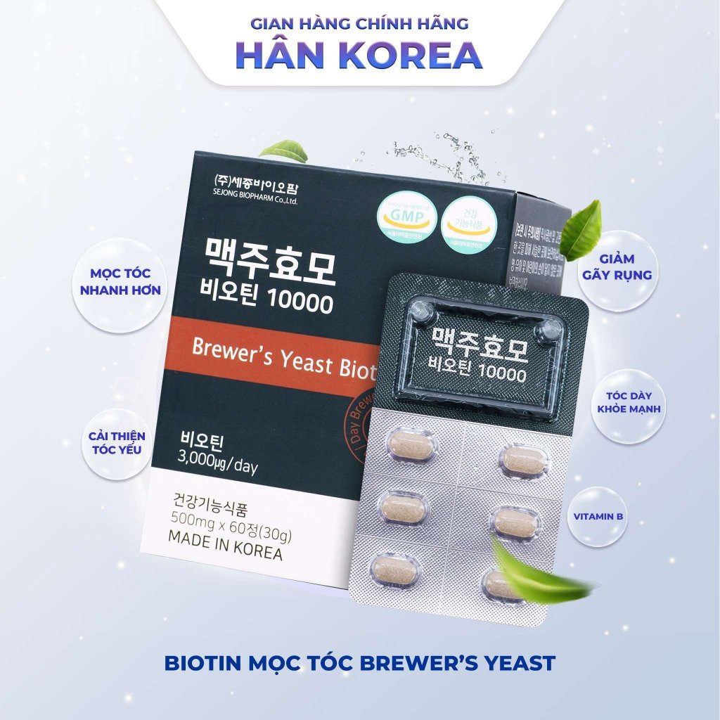 Biotin mọc tóc men bia khô Brewer's Yeast 60v 10000mg, giảm rụng tóc. Biotin tặng dầu gội Whoo giúp tóc dày, khỏe