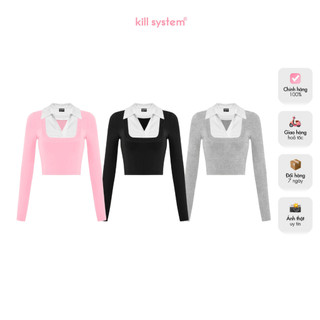  Áo croptop tay dài Killsystem phối cổ sơ mi 3 màu đen, hồng, xám Ji Won