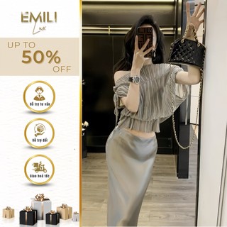 Set áo kiểu dập ly kiểu nữ Emili phối chân váy suông dài phong cách 