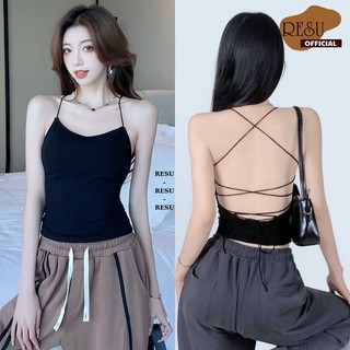Áo croptop hai dây đan lưng có mút ngực dày, áo đan dây crt kiểu sexy chất gân ôm body sexy đi biển resu