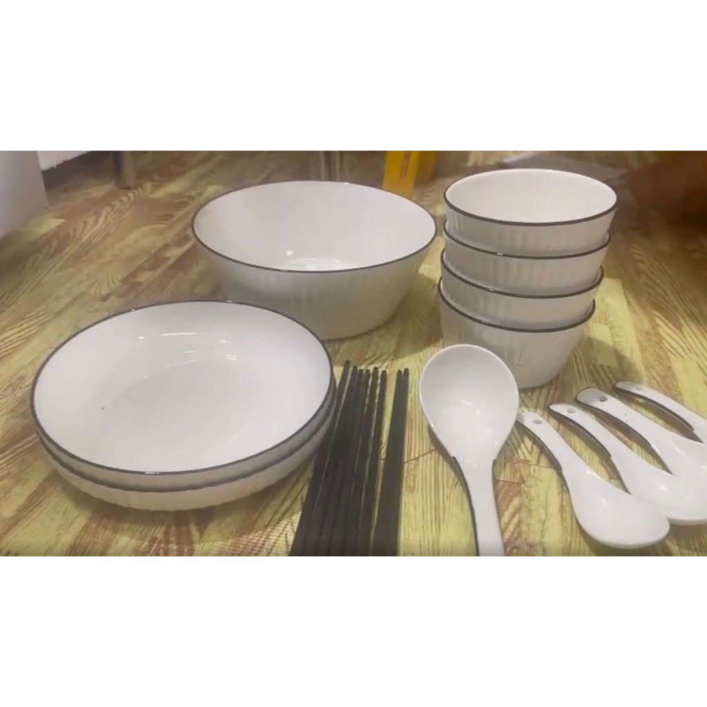 Bộ bát đũa sứ 16 món vân sọc trắng nhã nhặn