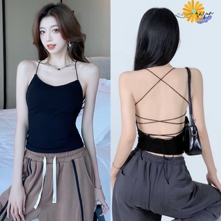Áo croptop hai dây đan lưng có mút ngực dày, áo đan dây crt kiểu sexy chất gân ôm body sexy đi biển rasun