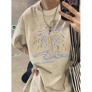 Focus local brand fashion xám tiêu áo phông nữ form rộng in ấn cổ tròn dáng rộng áo thun 100%cotton