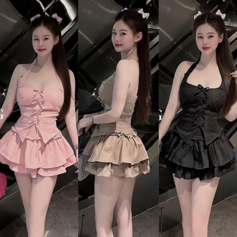 Set Bộ Áo Yếm Có Mút Chòng Cổ Dạng Vest Đính Hàng Nơ + Chân Váy Xoè Tầng Có Lót Bí Có Mút Ngực