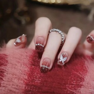 Móng tay giả nail box đỏ nhũ đính đá 💖 sẵn keo dán 💖