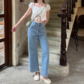 Quần jean bò ống rộng suông nữ cạp lưng cao chất denim không co giãn màu xanh nhạt Meisy