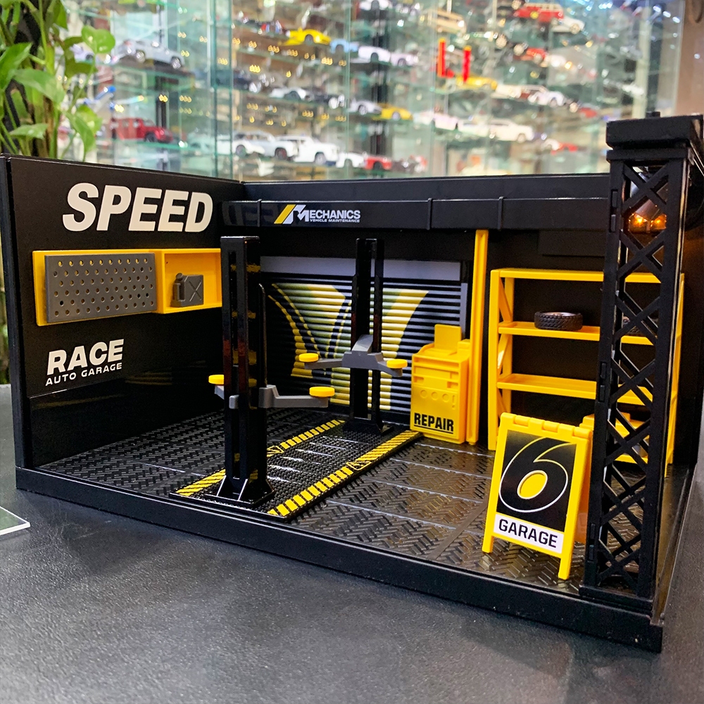 Mô hình xưởng sửa chữa, Garage xe tỉ lệ 1:24 có đèn và meca chống bụi trong suốt [Lưu ý: Sản phẩm kh