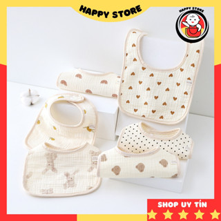 Yếm ăn dặm cho bé Muslin chữ U kiểu dáng hàn quốc, yếm xô cho bé mềm mại thấm hút tốt Happy Store