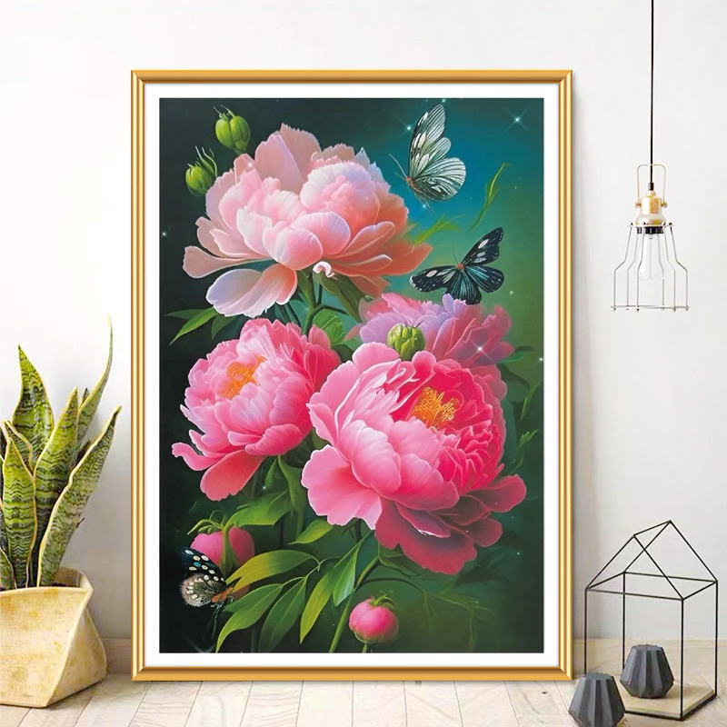 Tranh thêu chữ thập hoa mẫu đơn 9ct 65x85cm vải kim tuyến