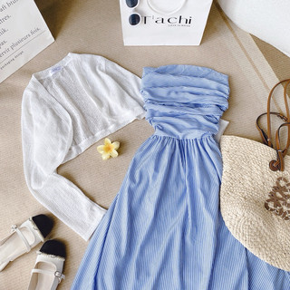 Set đầm midi ống nhún smocking kèm khoác crop trắng