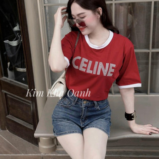Áo Phông Nữ Đỏ Thêu CELILE Nổi Phối Viền Cổ Ngắn Tay Áo Thun Nữ Freesize
