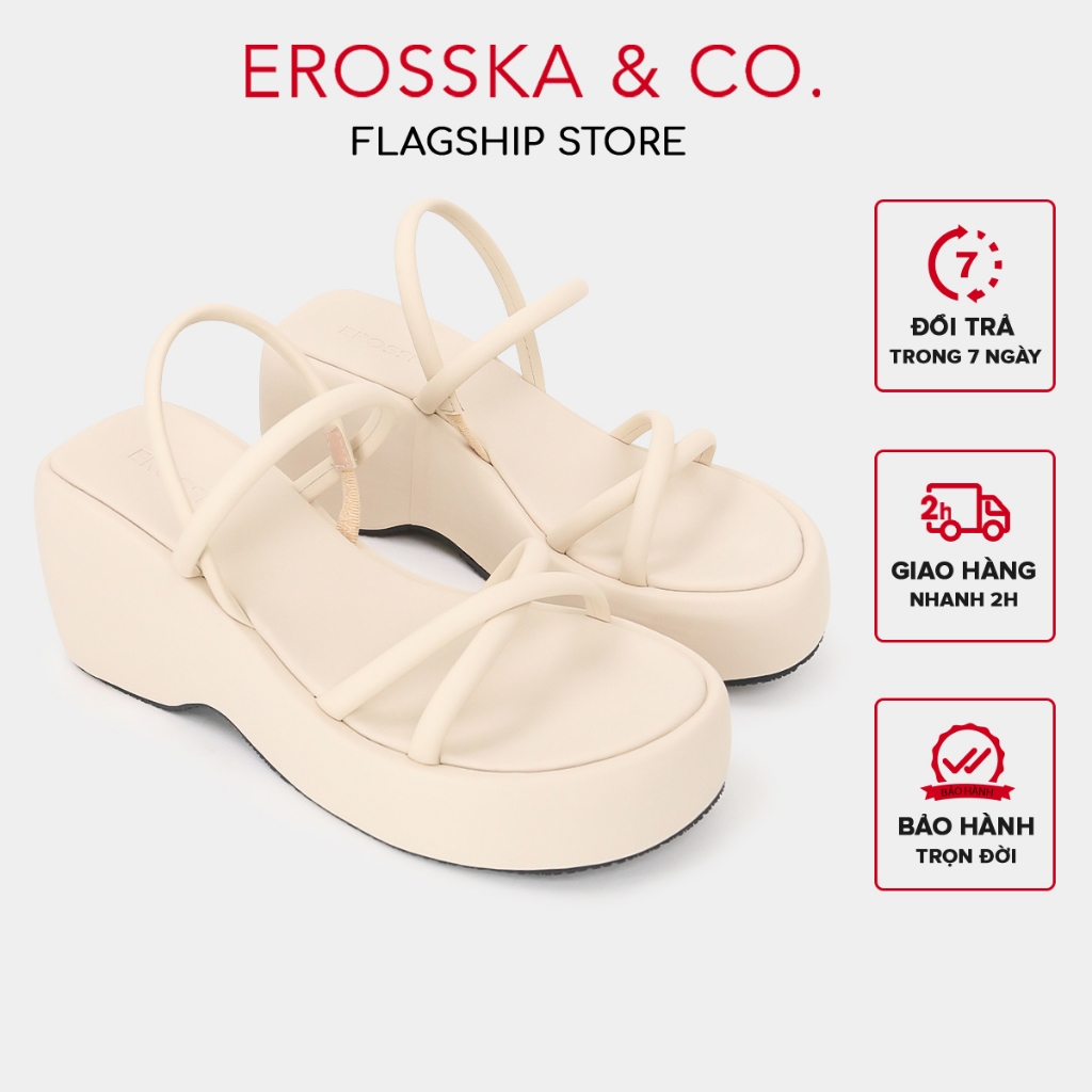 Erosska - Sandal nữ đế xuồng phối dây quai ngang dây mảnh màu nude cao 9cm - SB036