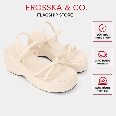 [Erosska] - Sandal đế xuồng nữ phối dây quai ngang dây mảnh màu nude cao 8cm - SB036