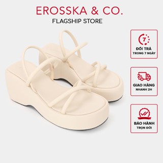 Erosska - Sandal nữ đế xuồng phối dây quai ngang dây mảnh màu nude cao 9cm - SB036
