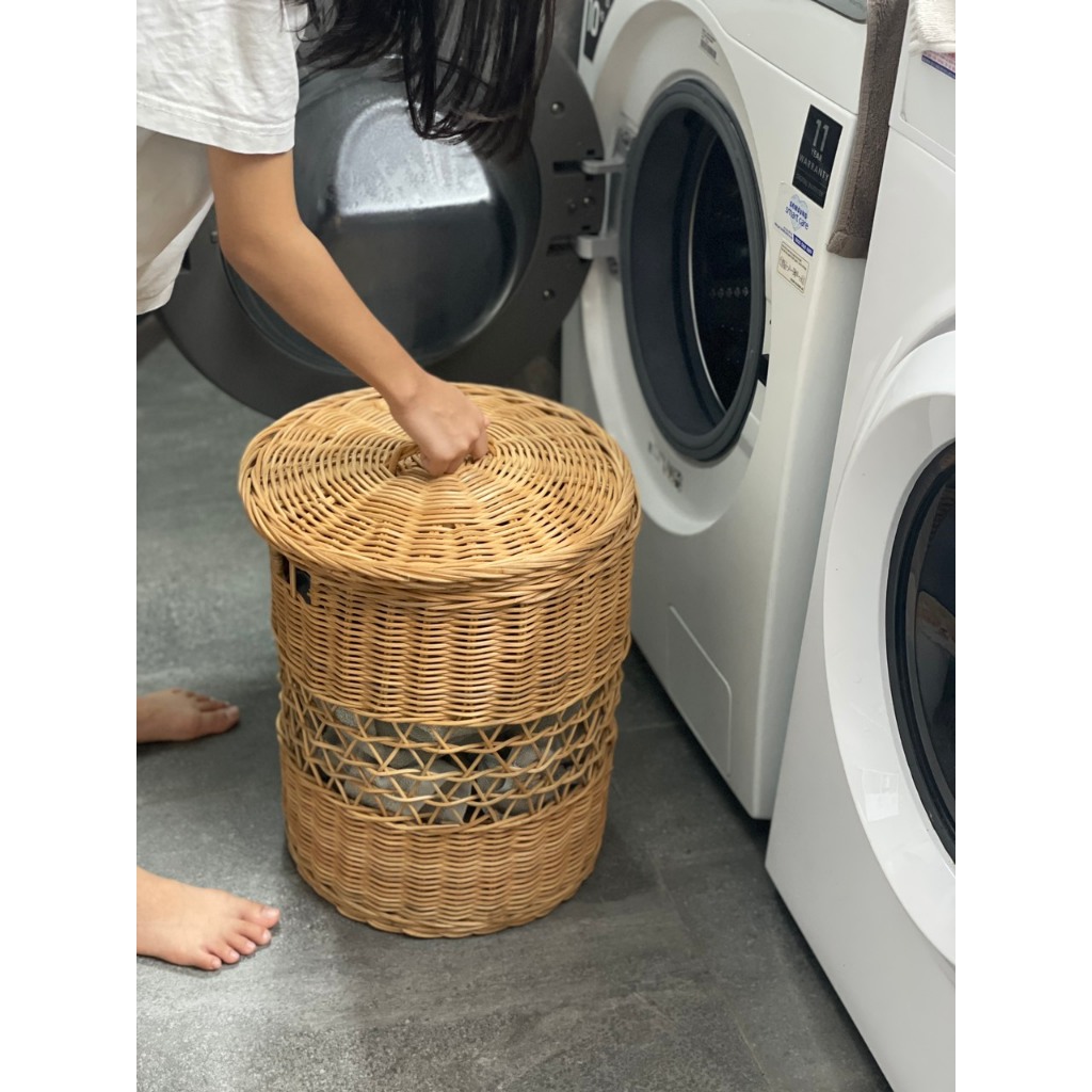 Sọt tròn mây có nắp, đựng quần áo, đồ chơi cho bé