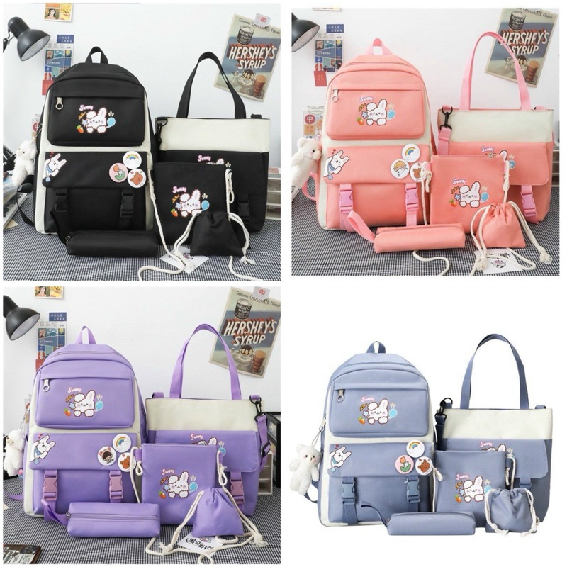 Bộ Balo 5 Món Thỏ Trắng- Balo Học Sinh Unisex Nam Nữ Nhẹ Chống Nước Đeo Vai Chất Pvc Kèm 4 Phụ Kiện 